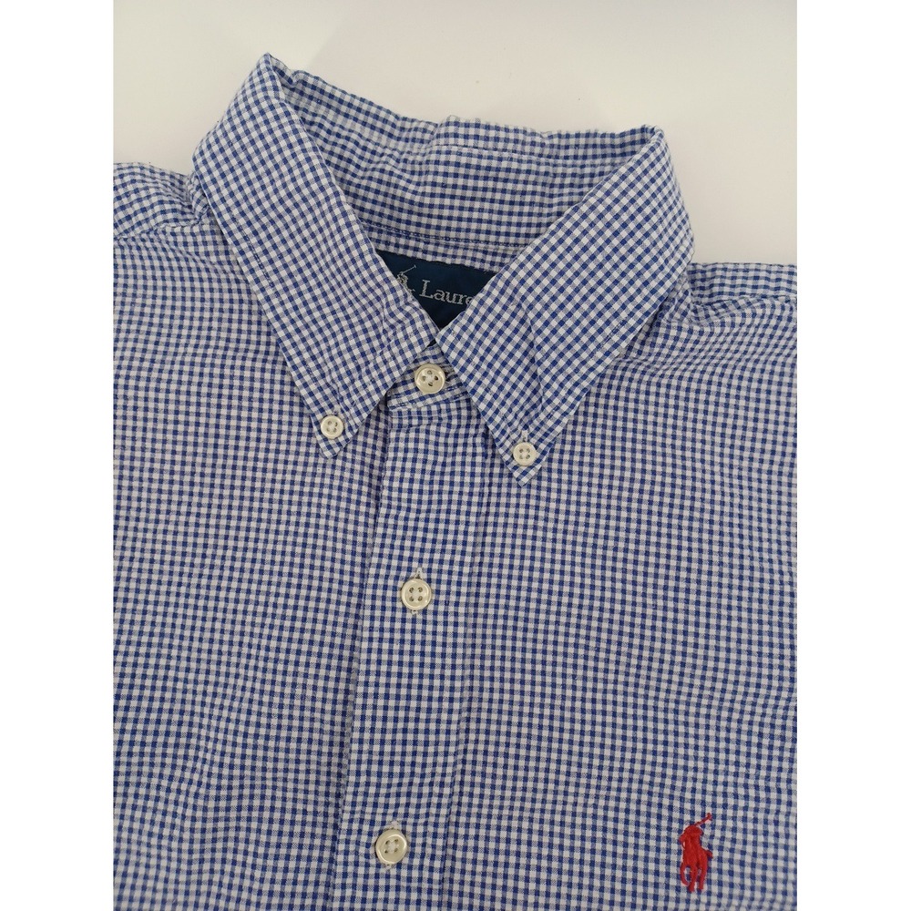 Ralph Lauren Button Down Seersucker Shirt Mens L Blue Gingham Blake SS Vintage